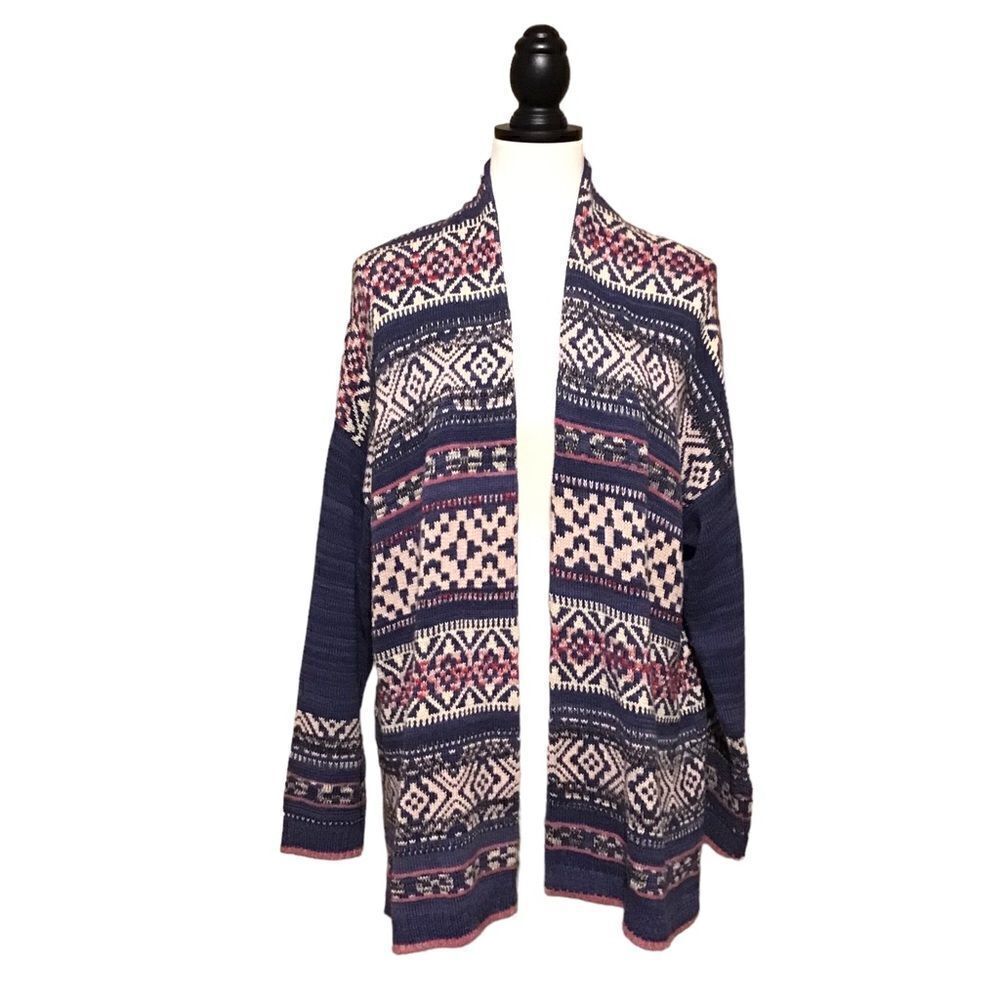 Chaps‎ Open Long Blue Cardigan Southwest Print Sz L